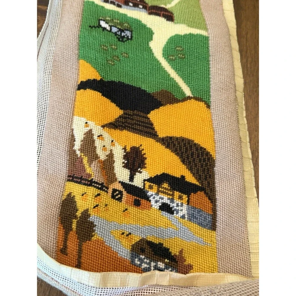 VTG Needlepoint Four Seasons  35” X 6 3/4” Cottage Core Cabin Ready To Frame